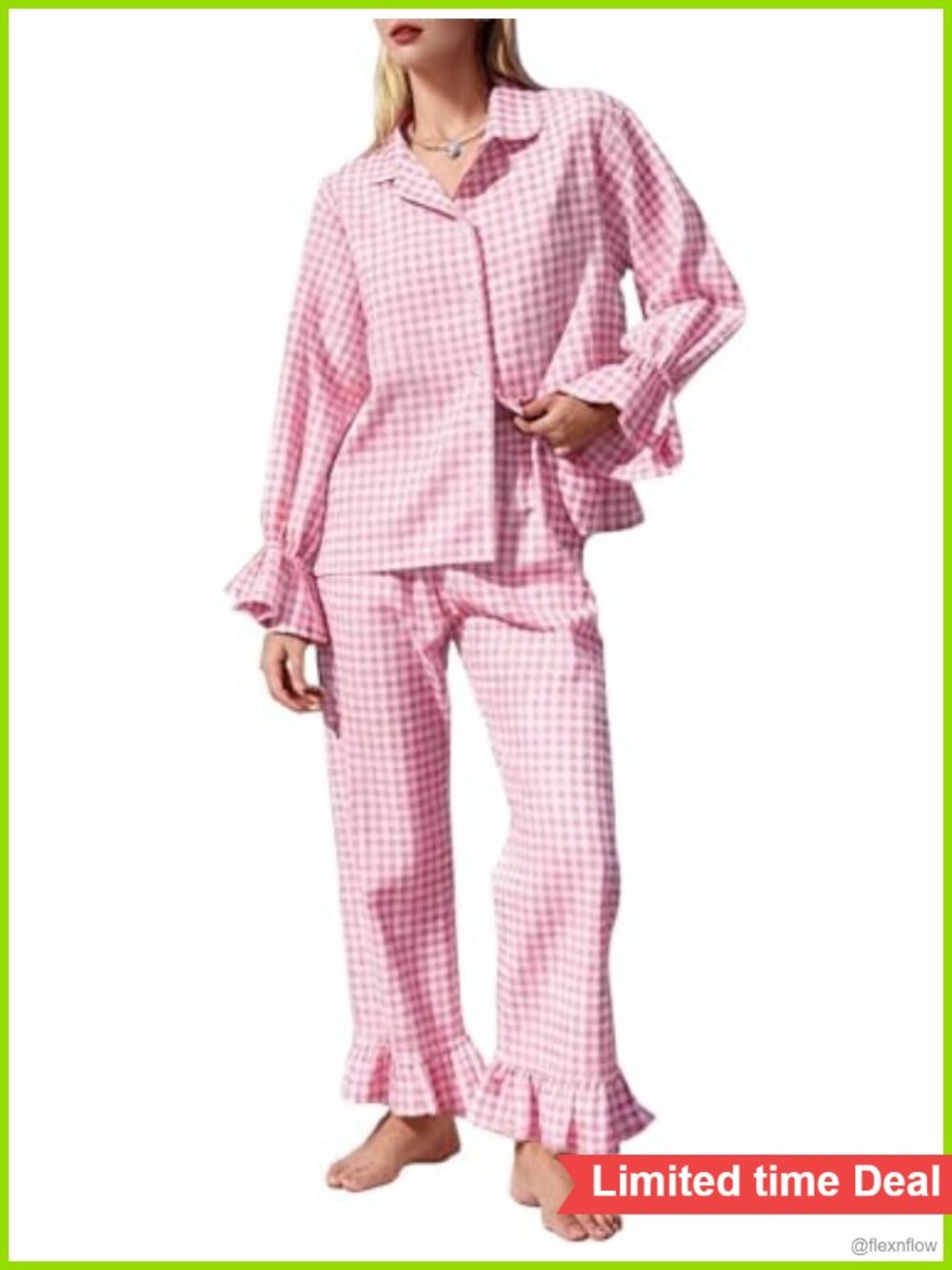 Womens Gingham Cotton Pajama Set Ruffle Button Down Shirt Wide Leg Pants Lounge